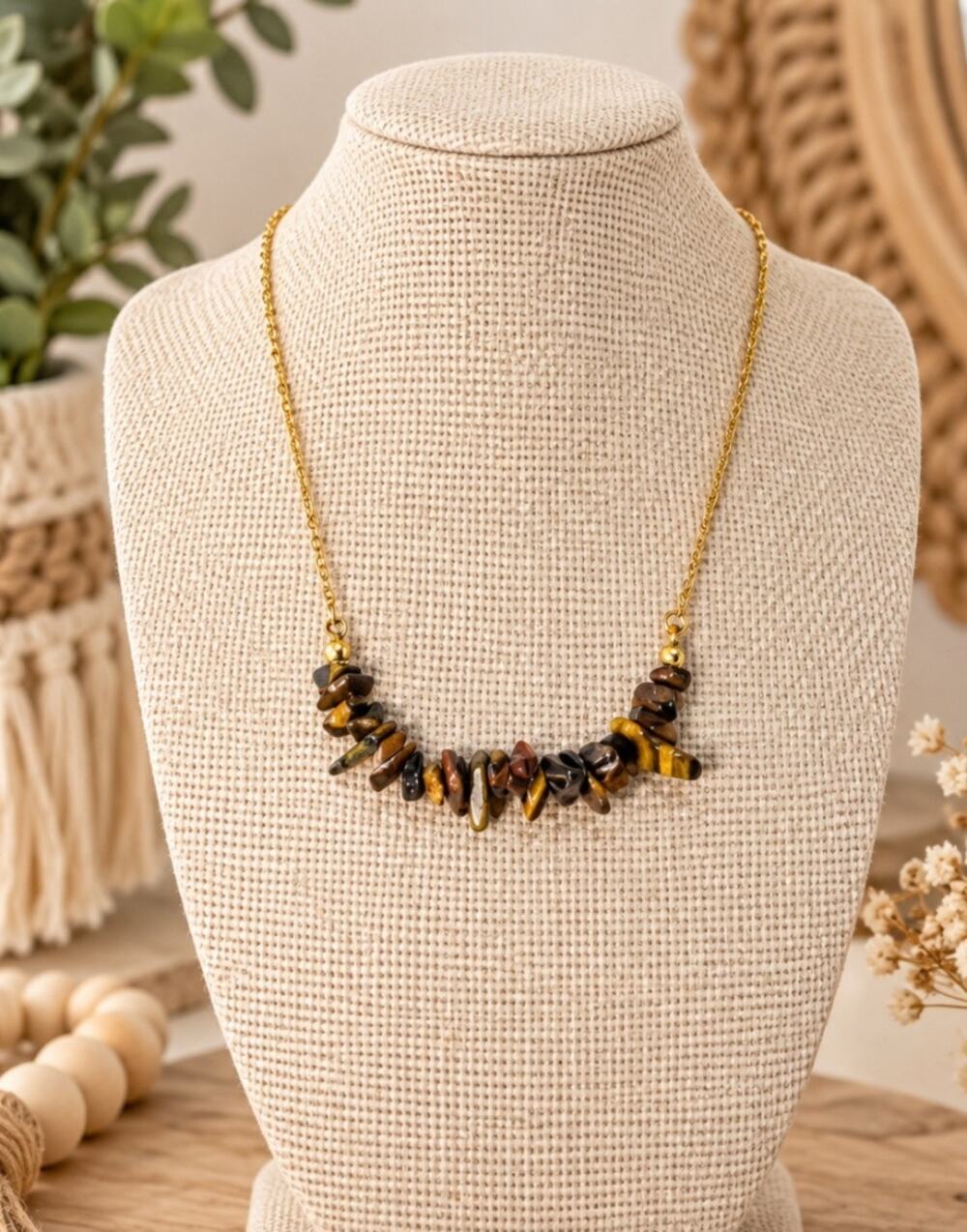 18KT Plated Stainless Steel Gold Neck With Semi Precious Brown Detail